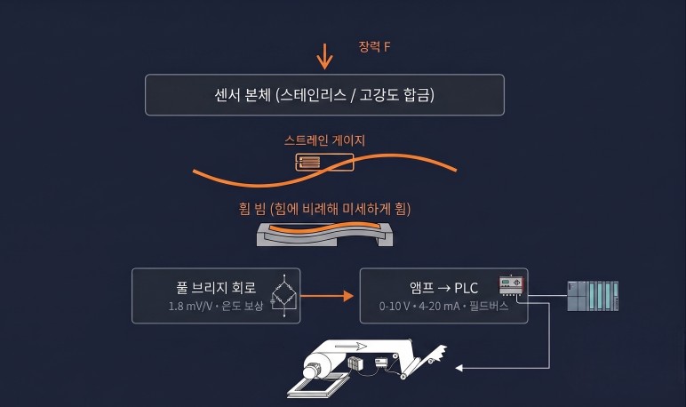 이중 휨 빔과 스트레인 게이지 동작 개념도 — 센서 본체, 휨 빔, 스트레인 게이지, 풀 브리지 회로, 앰프·PLC 연결 구성